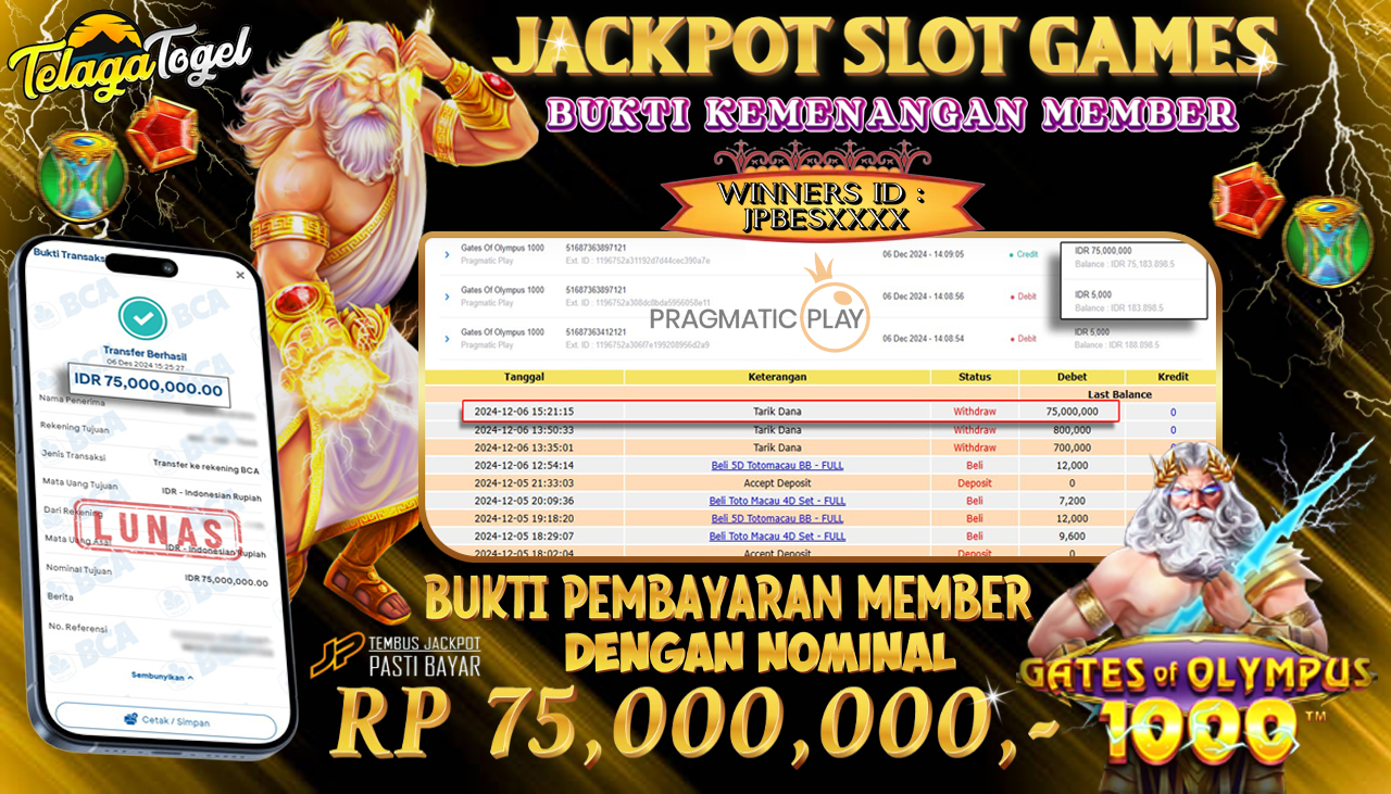 TELAGATOGEL JACKPOT SLOT GATES OF OLYMPUS 1000 Rp 75,000,000,- LUNAS