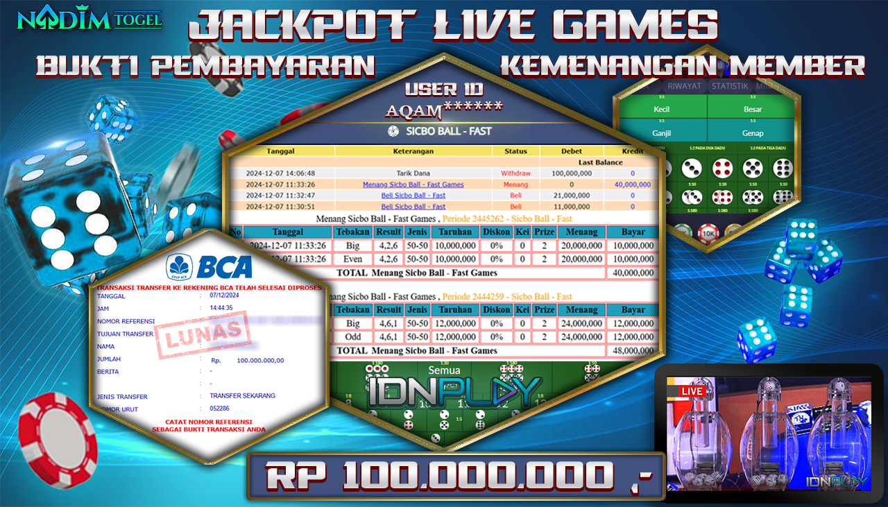 NADIMTOGEL JACKPOT LIVEGAMES - SICBO BALL - FAST Rp 100,000,000,- LUNAS