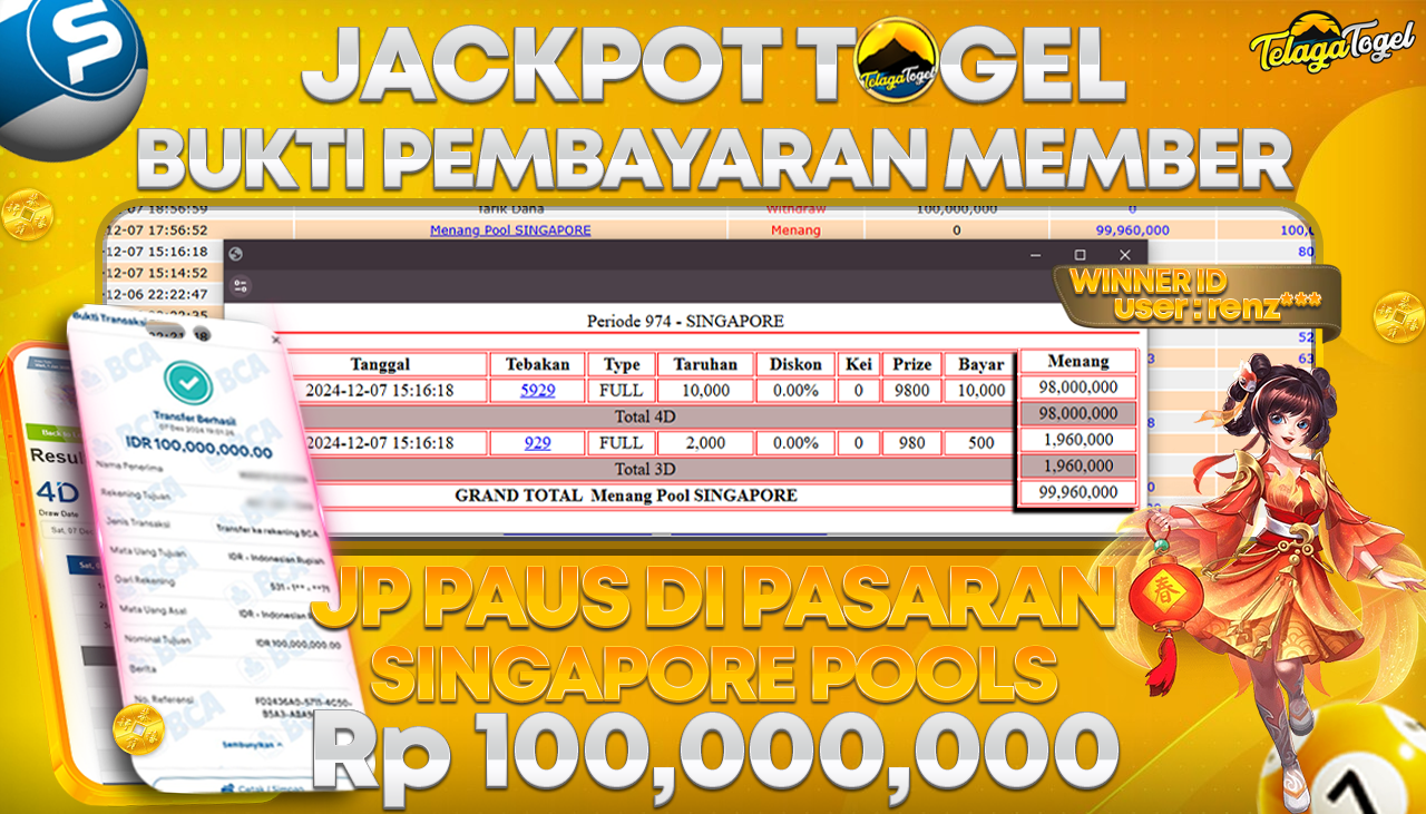TELAGATOGEL JACKPOT TOGEL SINGAPORE POOLS Rp 100,000,000,- LUNAS
