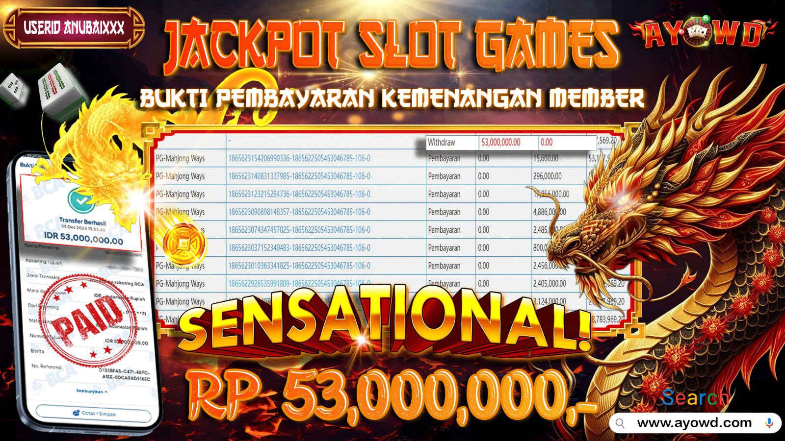 AYOWD JACKPOT SLOT GAMES PG-MAHJONG WAYS 53,000,000 LUNAS