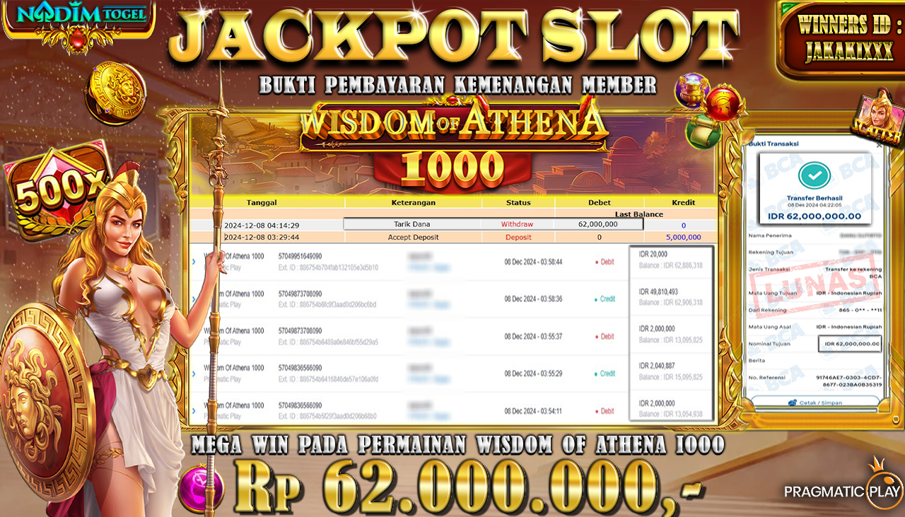 NADIMTOGEL JACKPOT SLOT WISDOM OF ATHENA 1000 Rp 62.000.000,- LUNAS