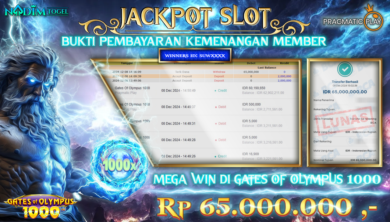 NADIMTOGEL JACKPOT SLOT GATES OF OLYMPUS 1000 Rp 65,000,000,- LUNAS