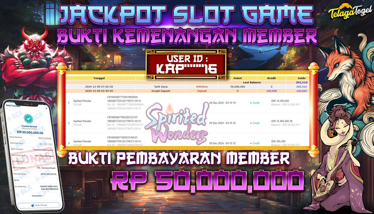 TELAGATOGEL JACKPOT SLOT SPIRITED WONDER Rp 50,000,000,- LUNAS