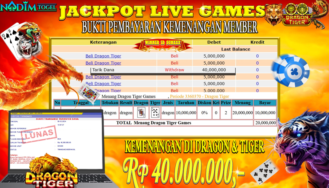 NADIMTOGEL JACKPOT LIVE GAMES DRAGON & TIGER Rp.40,000,000,- LUNAS