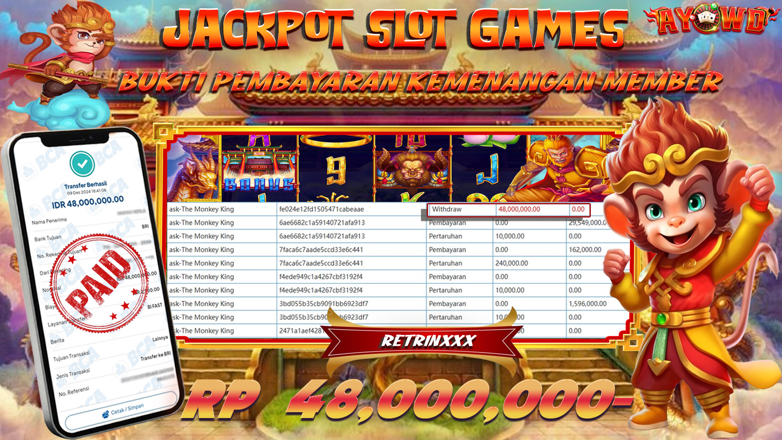 AYOWD JACKPOT SLOT GAMES ASK-THE MONKEY KING 48,000,000 LUNAS