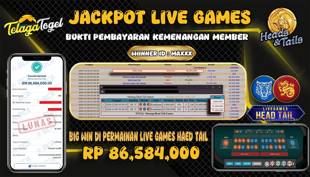 TELAGATOGEL JACKPOT LIVE GAMES HAED TAIL Rp 86,584,000,- LUNAS
