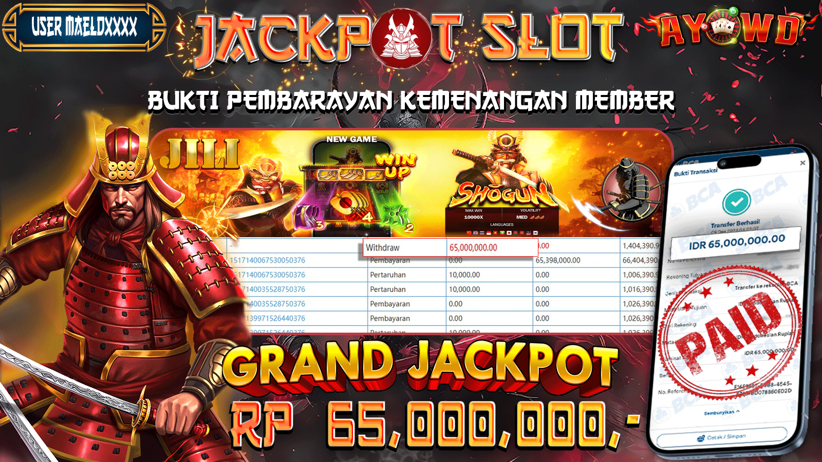 AYOWD JACKPOT SLOT GAMES JILI- SHOGUN 65,000,000 LUNAS