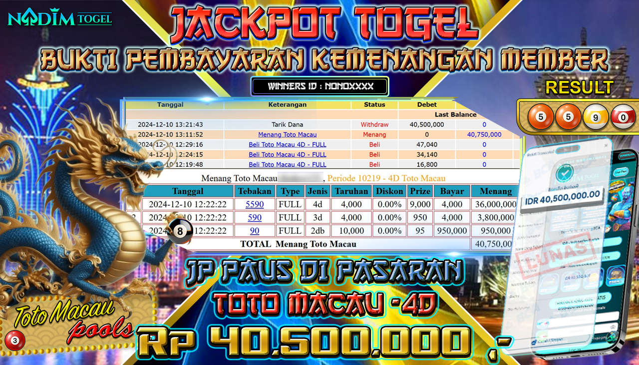 NADIMTOGEL JACKPOT TOGEL TOTOMACAU-4D  Rp 40,500,000,- LUNAS