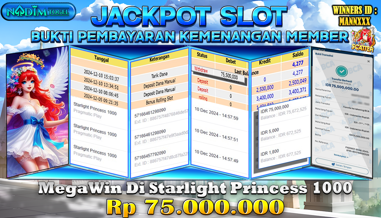 NADIMTOGEL JACKPOT SLOT STARLIGHT PRINCESS 1000 Rp 75.000.000,- LUNAS