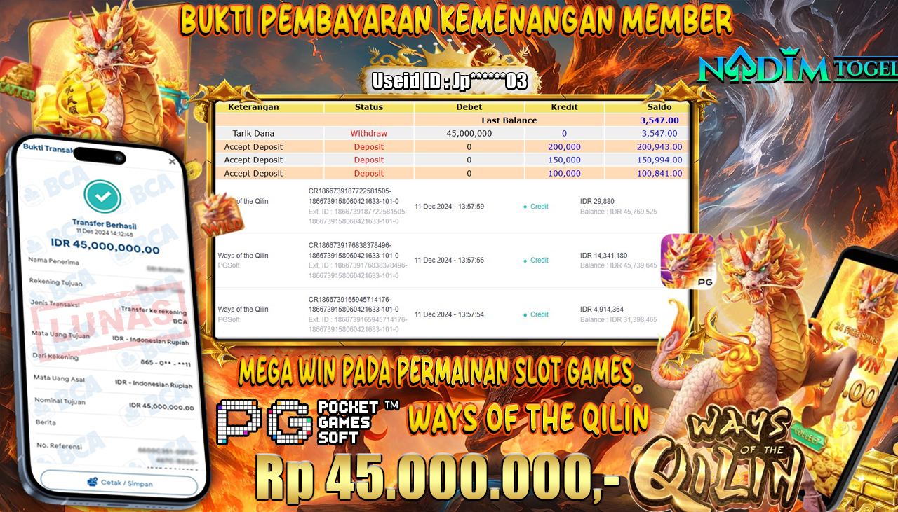 NADIMTOGEL JACKPOT SLOT WAYS OF THE QILIN Rp 45.000.000,- LUNAS