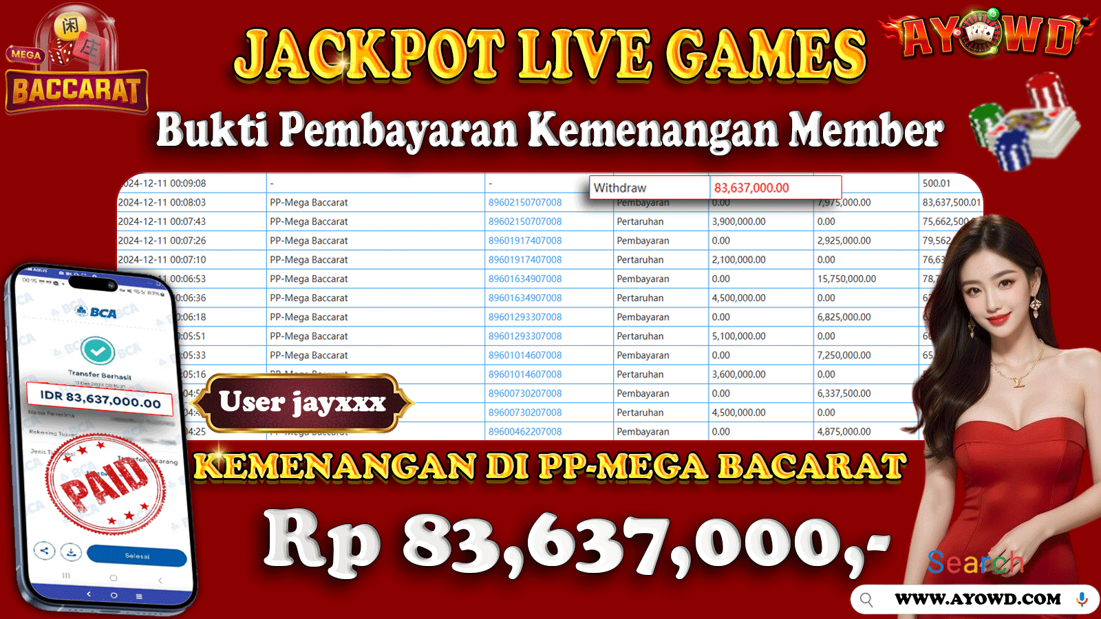AYOWD JACKPOT LIVE GAMES MEGA BACCARAT 83,637,000 LUNAS