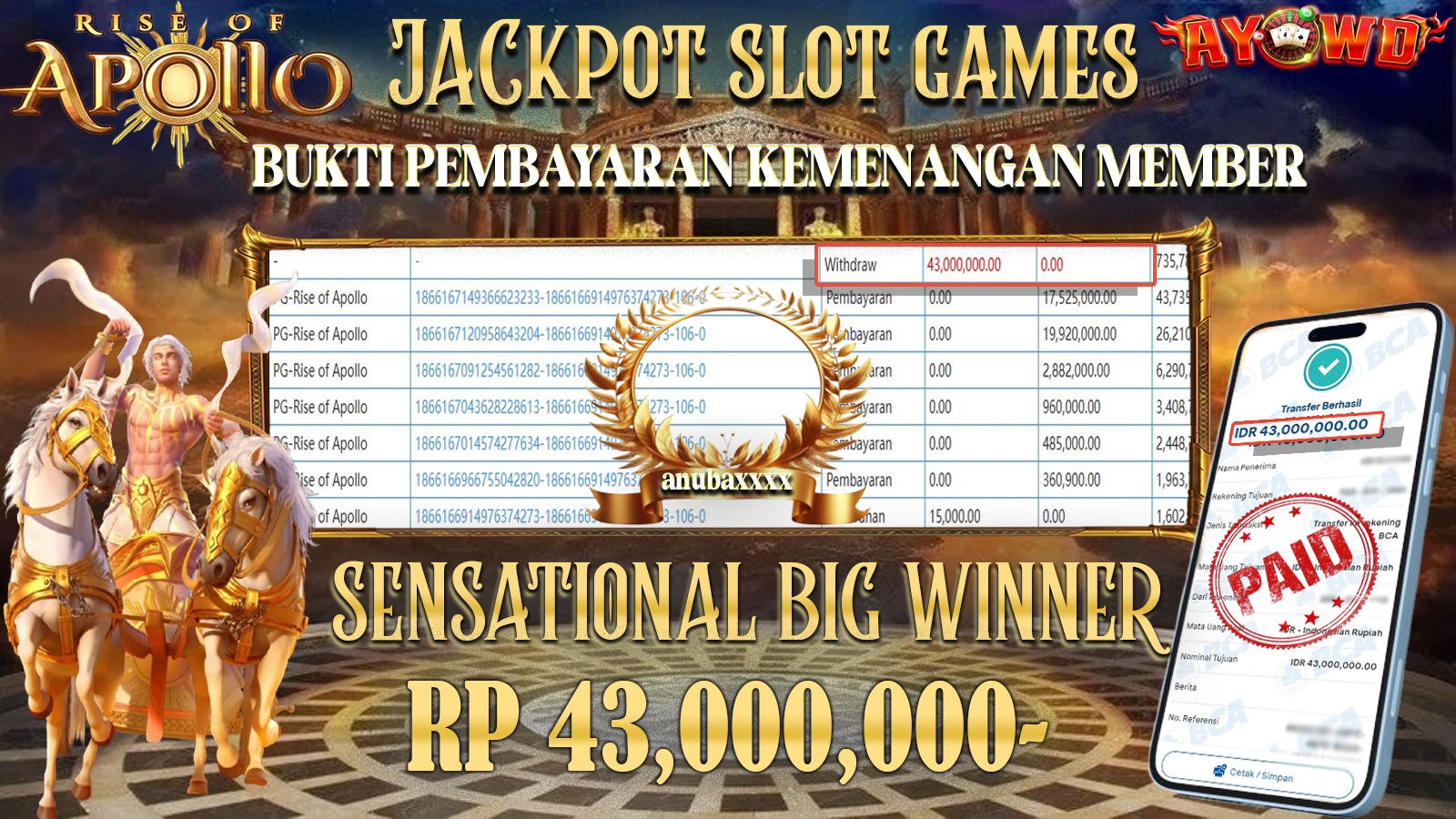AYOWD JACKPOT SLOT PG-RISE OF APOLLO 43,000,000 LUNAS