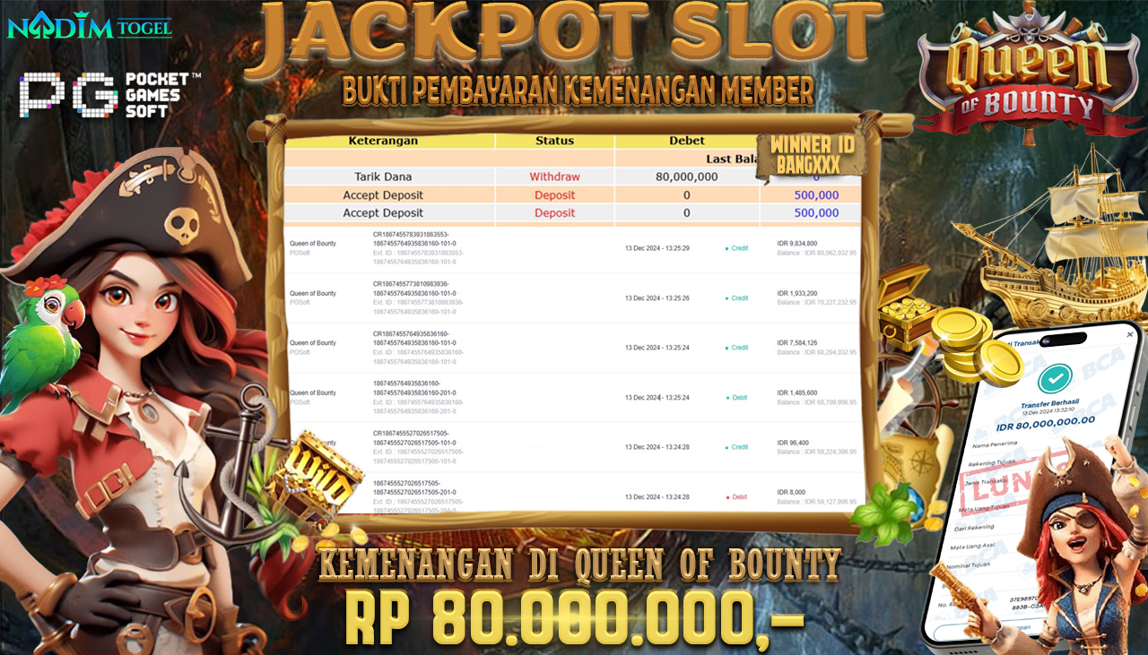 NADIMTOGEL JACKPOT SLOT QUEEN OF BOUNTY Rp.80.000.000,- LUNAS