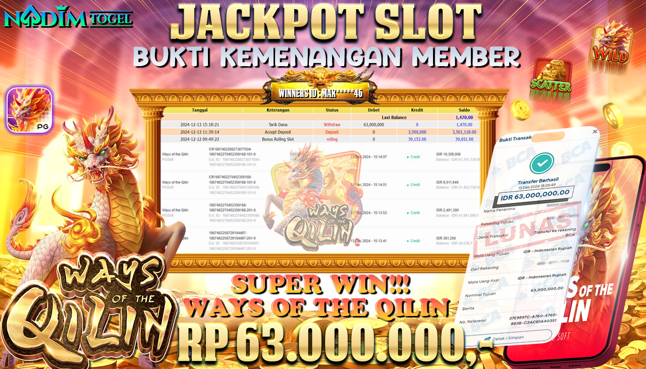 NADIMTOGEL JACKPOT SLOT WAYS OF THE QILIN Rp.63.000.000,- LUNAS
