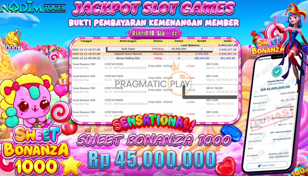 NADIMTOGEL JACKPOT SLOT SWEET BONANZA 1000 Rp.45.000.000,- LUNAS