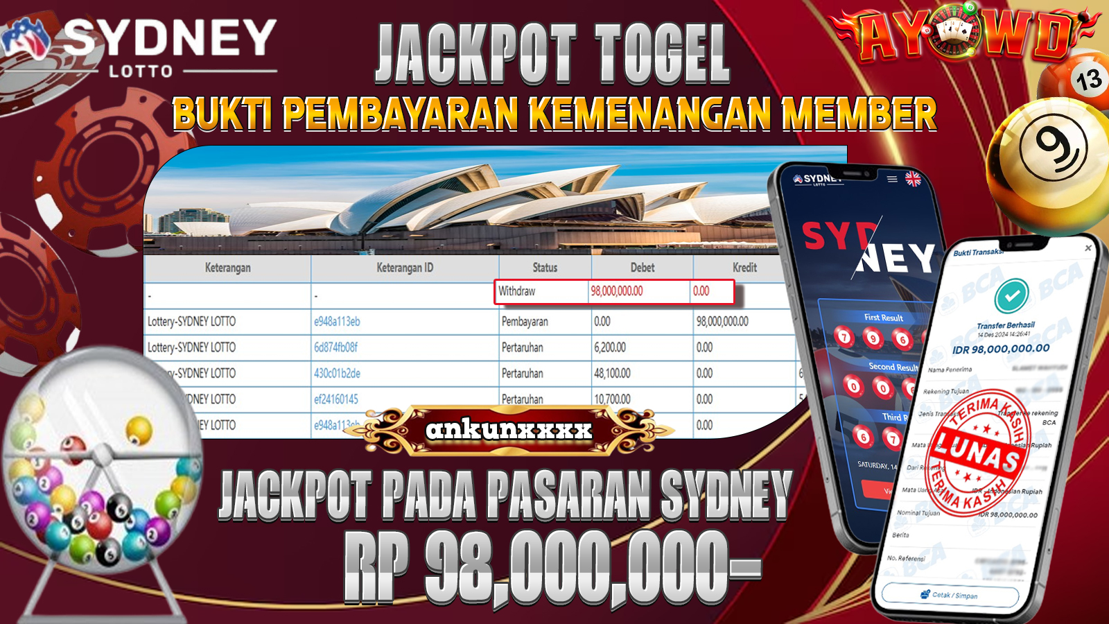 AYOWD JACKPOT TOGEL SYDNEY LOTTO 98,000,000 LUNAS