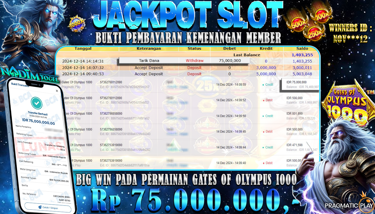 NADIMTOGEL JACKPOT SLOT GATES OF OLYMPUS 1000 Rp 75.000.000,- LUNAS