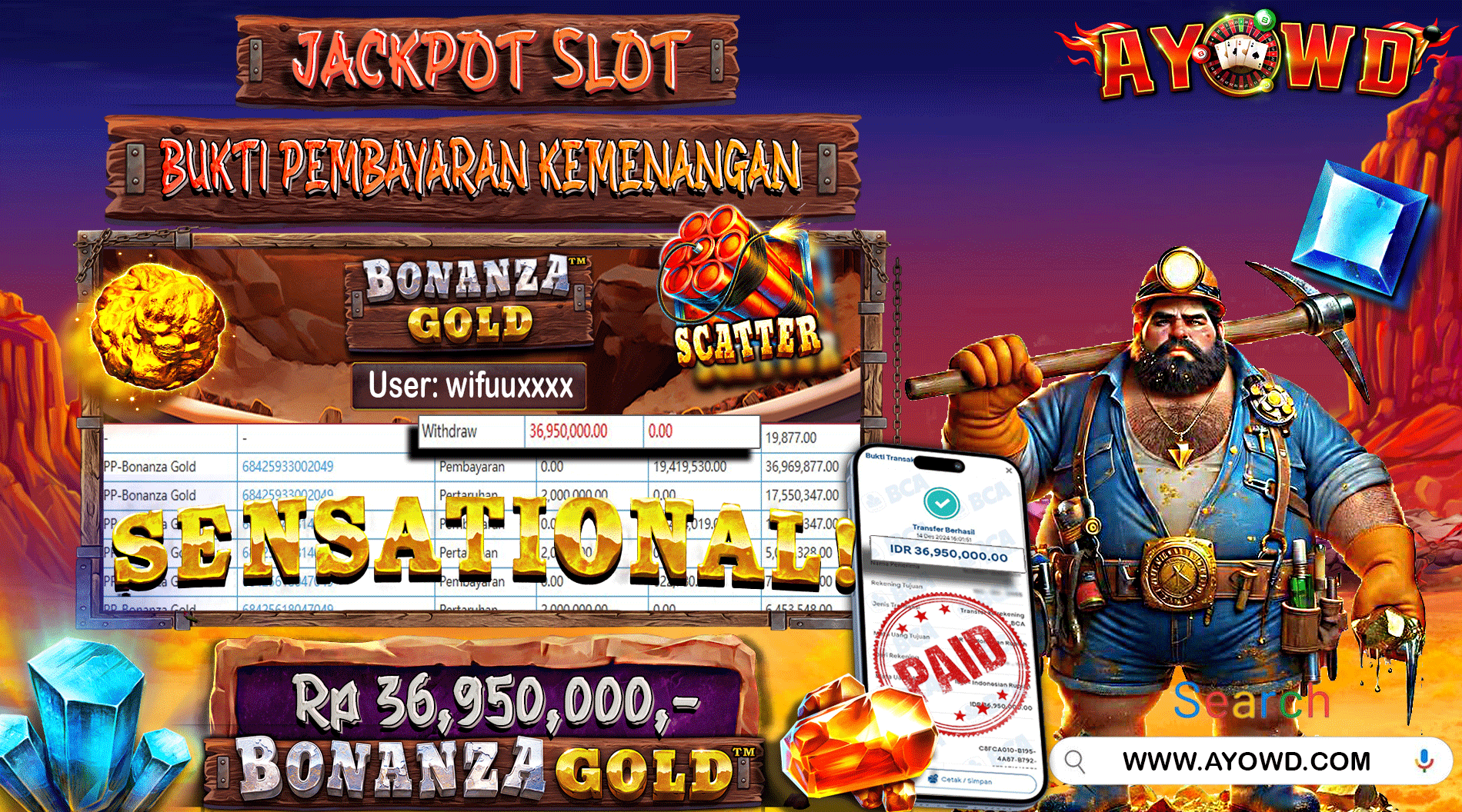AYOWD JACKPOT SLOT GAMES PP-Bonanza Gold 36,950,000 LUNAS