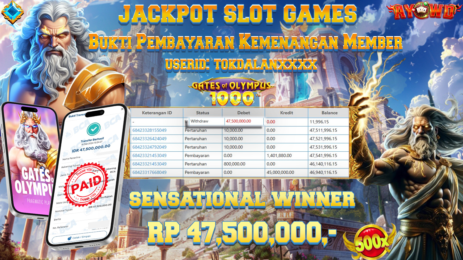 AYOWD JACKPOT SLOT GAMES PP-GATES OF OLYMPUS 1000 47,500,000 LUNAS
