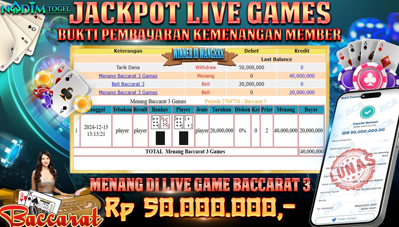 NADIMTOGEL JACKPOT LIVE GAMES BACCARAT Rp.50.000.000,- LUNAS