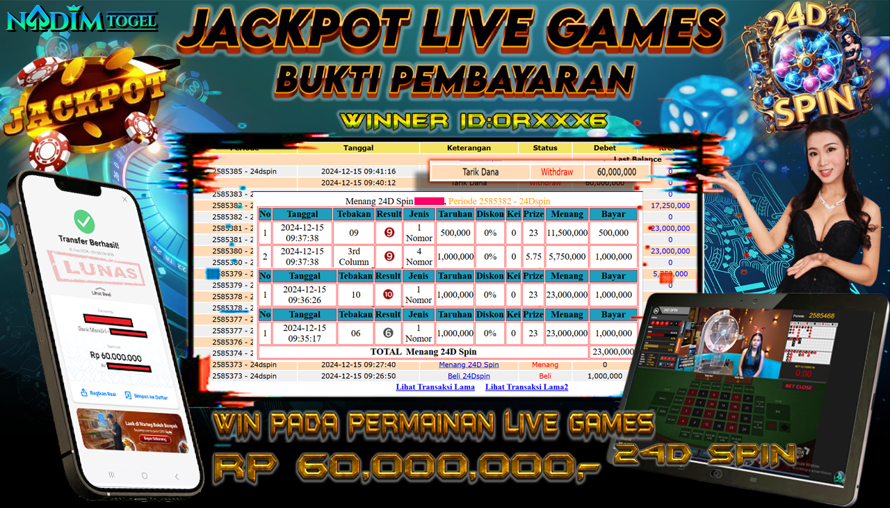 NADIMTOGEL JACKPOT LIVE GAMES 24D SPIN Rp. 60.000.000,- LUNAS