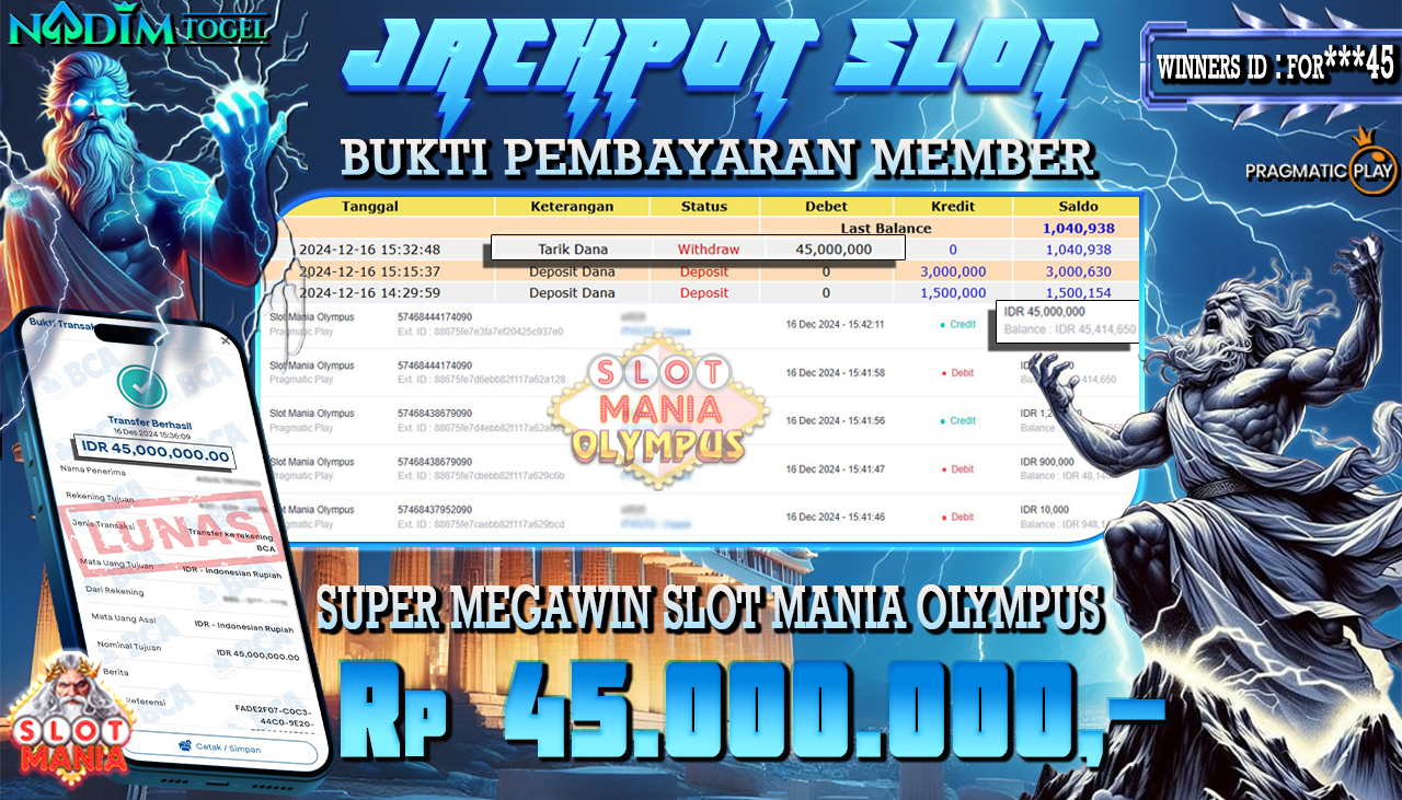 NADIMTOGEL JACKPOT SLOT MANIA OLYMPUS Rp 45.000.000,- LUNAS