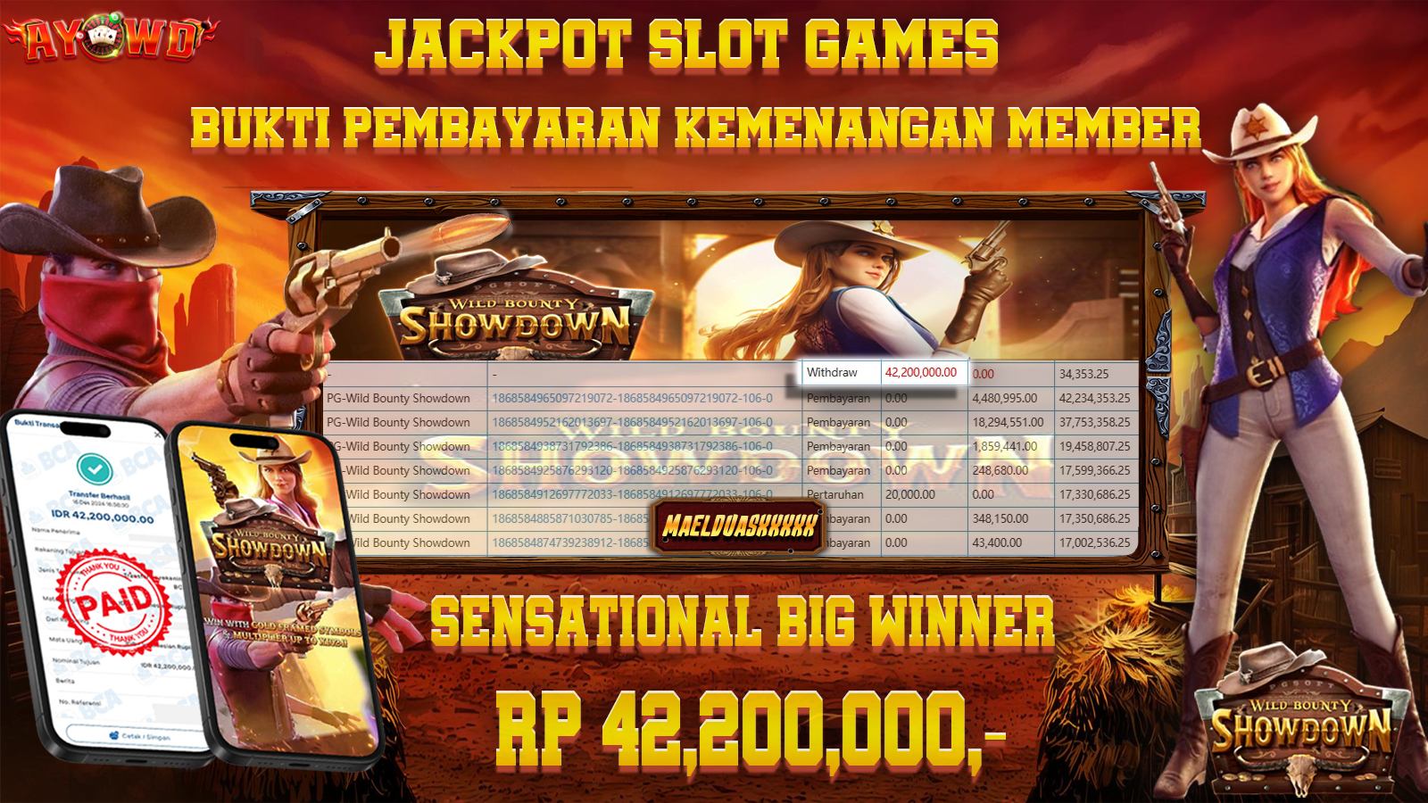 AYOWD JACKPOT SLOT GAMES PG-WILD BOUNTY SHOWDOWN 42,200,000 LUNAS