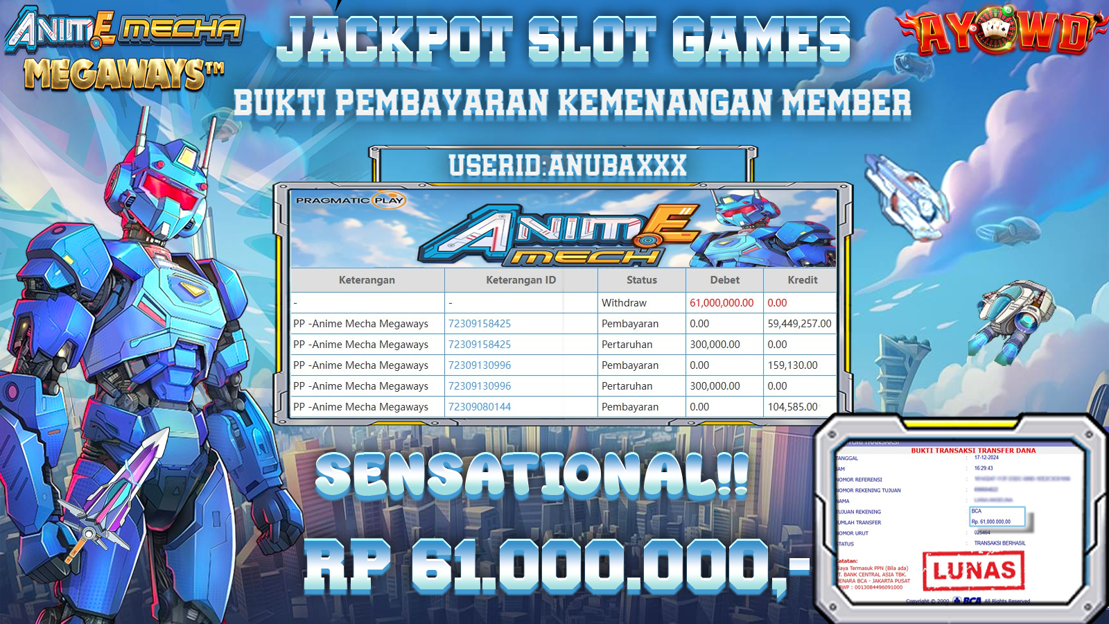 AYOWD JACKPOT SLOT PP-ANIME MECHA MEGAWAYS 61,000,000 LUNAS
