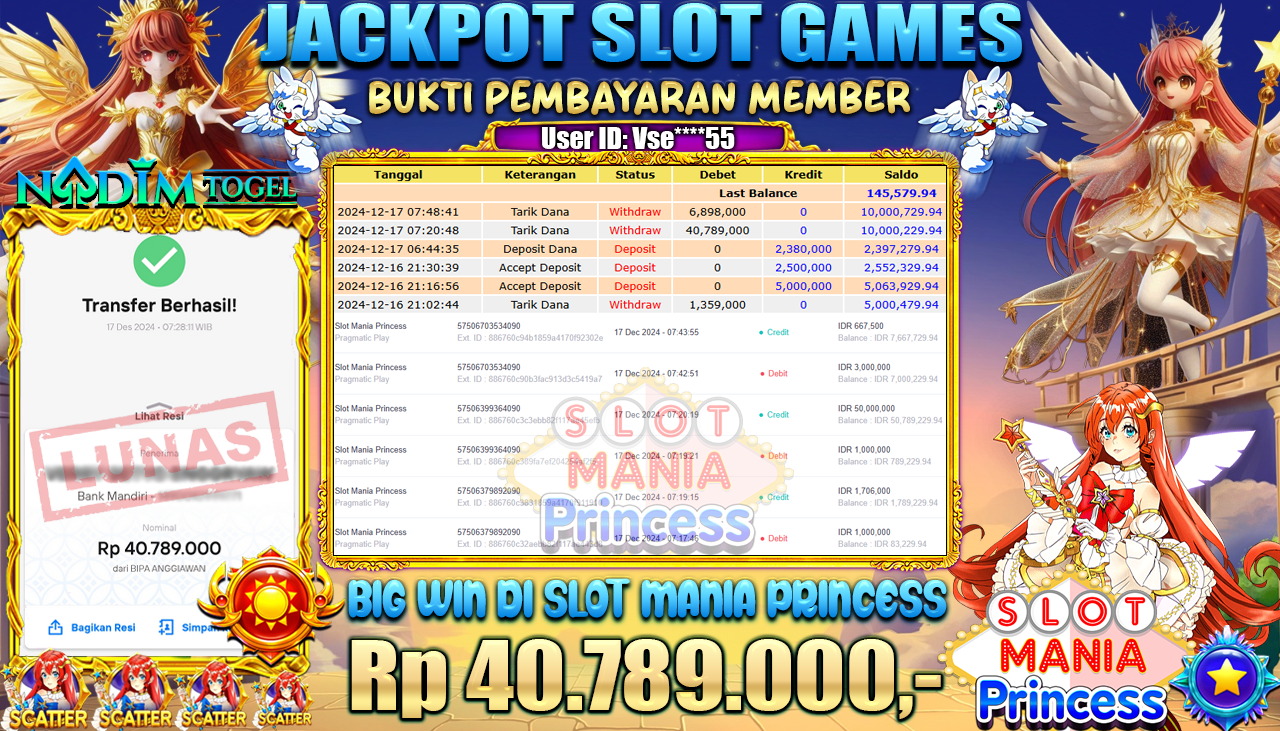 NADIMTOGEL JACKPOT SLOT MANIA PRINCESS Rp 40.789.000,- LUNAS