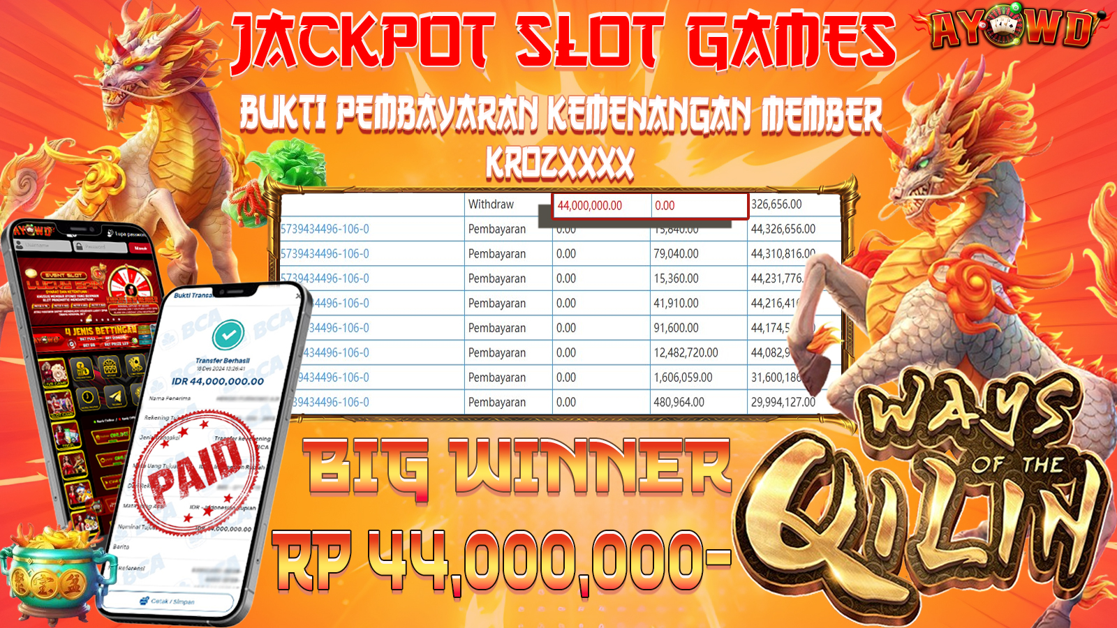 AYOWD JACKPOT SLOT GAMES PG-WAYS OF THE QILIN 44,000,000 LUNAS