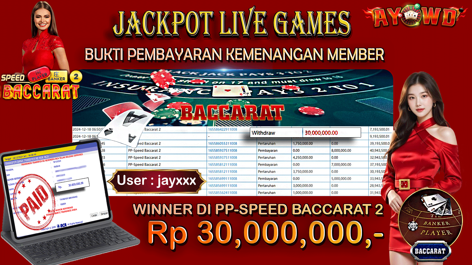 AYOWD JACKPOT LIVE GAMES PP-SPEED BACCARAT 2 30,000,000 LUNAS