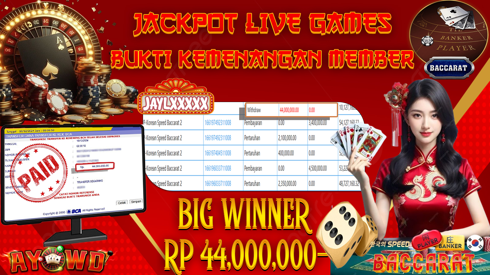 AYOWD JACKPOT LIVE GAMES PP-KOREAN SPEED BACCARAT2 44,000,000 LUNAS