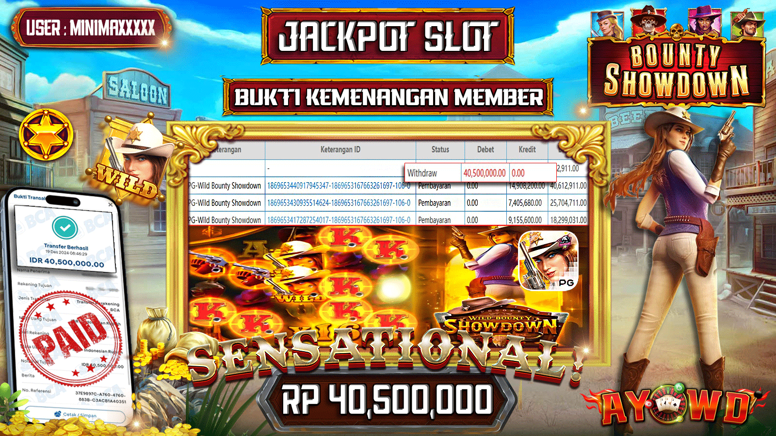 AYOWD JACKPOT SLOT GAMES PG-WILD BOUNTY SHOWDOWN 40,500,000 LUNAS