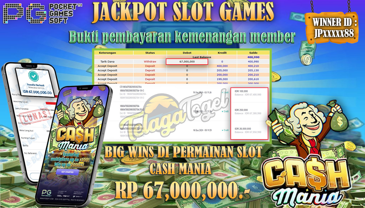 TELAGATOGEL JACKPOT SLOT CASH MANIA Rp 67,000,000,- LUNAS
