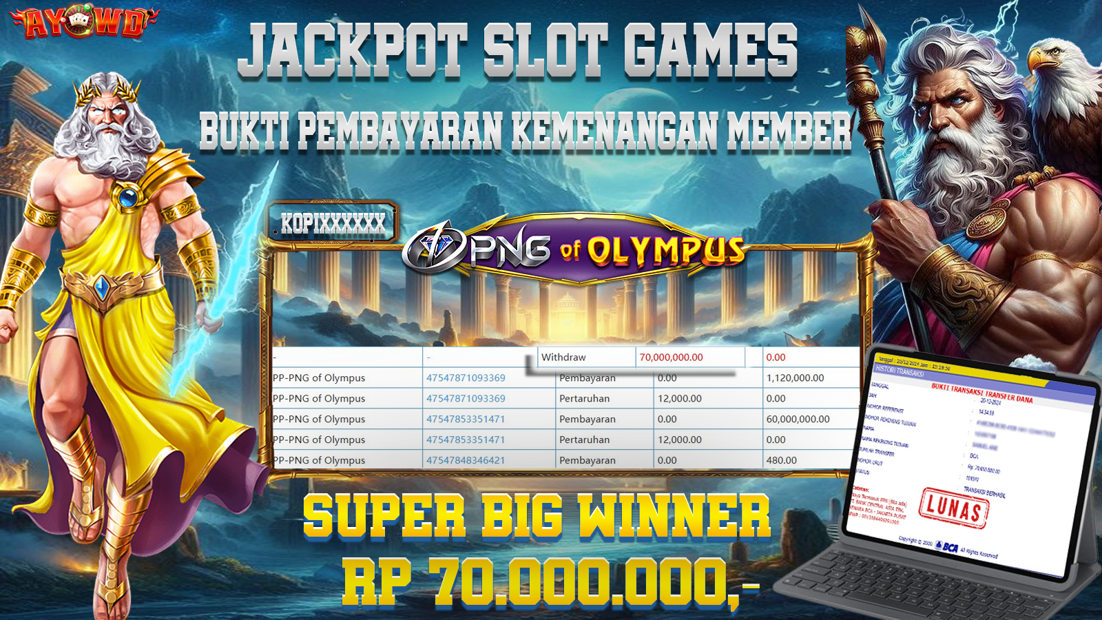 AYOWD JACKPOT SLOT GAMES PP-PNG OF OLYMPUS 70,000,000 LUNAS
