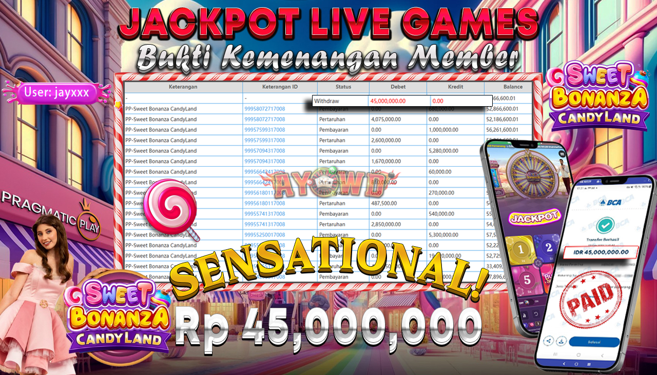 AYOWD JACKPOT LIVE GAMES PP-Sweet Bonanza CandyLand Rp 45,000,000 LUNAS