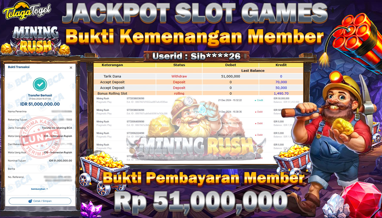 TELAGATOGEL JACKPOT SLOT MINING RUSH Rp 51,000,000,- LUNAS