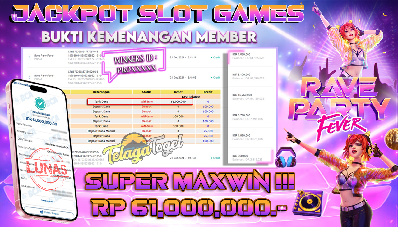 TELAGATOGEL JACKPOT SLOT RAVE PARTY FEVER Rp 61,000,000,- LUNAS
