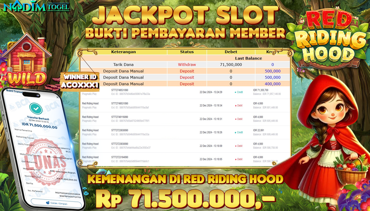 NADIMTOGEL JACKPOT SLOT RED RIDING HOOD Rp. 71,500,000,- LUNAS