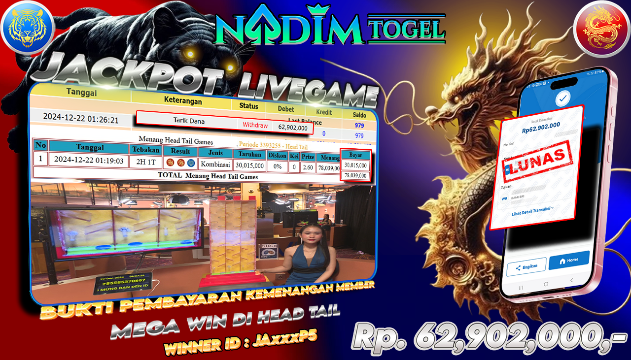 NADIMTOGEL JACKPOT LIVEGAMES HEAD TAIL Rp 62.902.000,- LUNAS