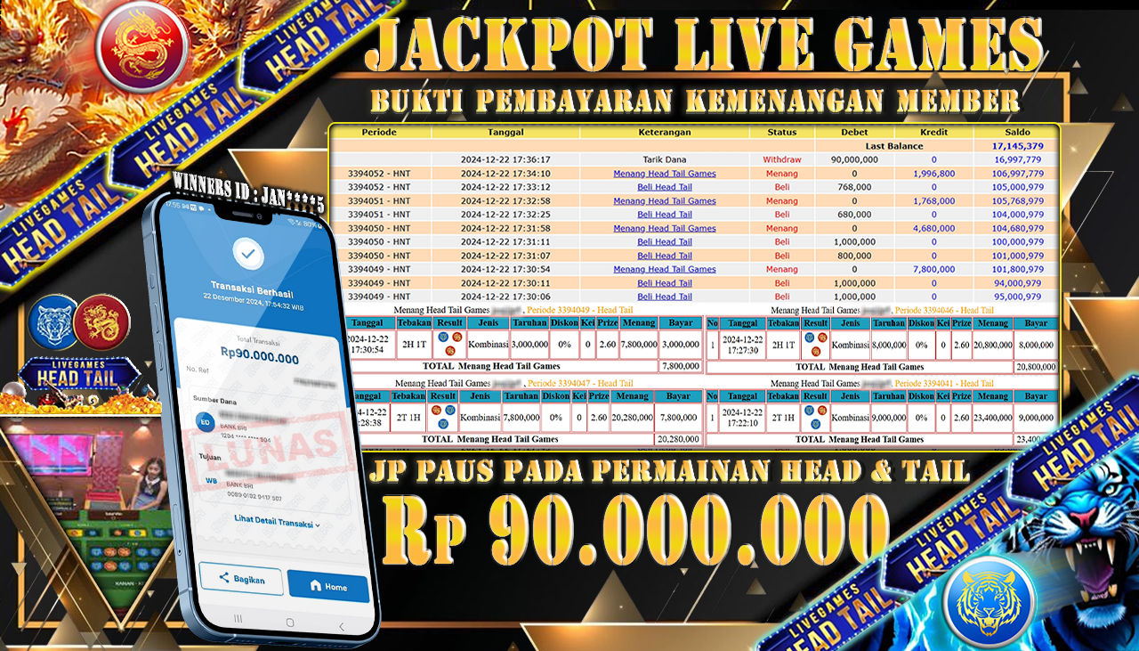 NADIMTOGEL JACKPOT LIVEGAMES HEAD & TAIL Rp 90.000.000,- LUNAS