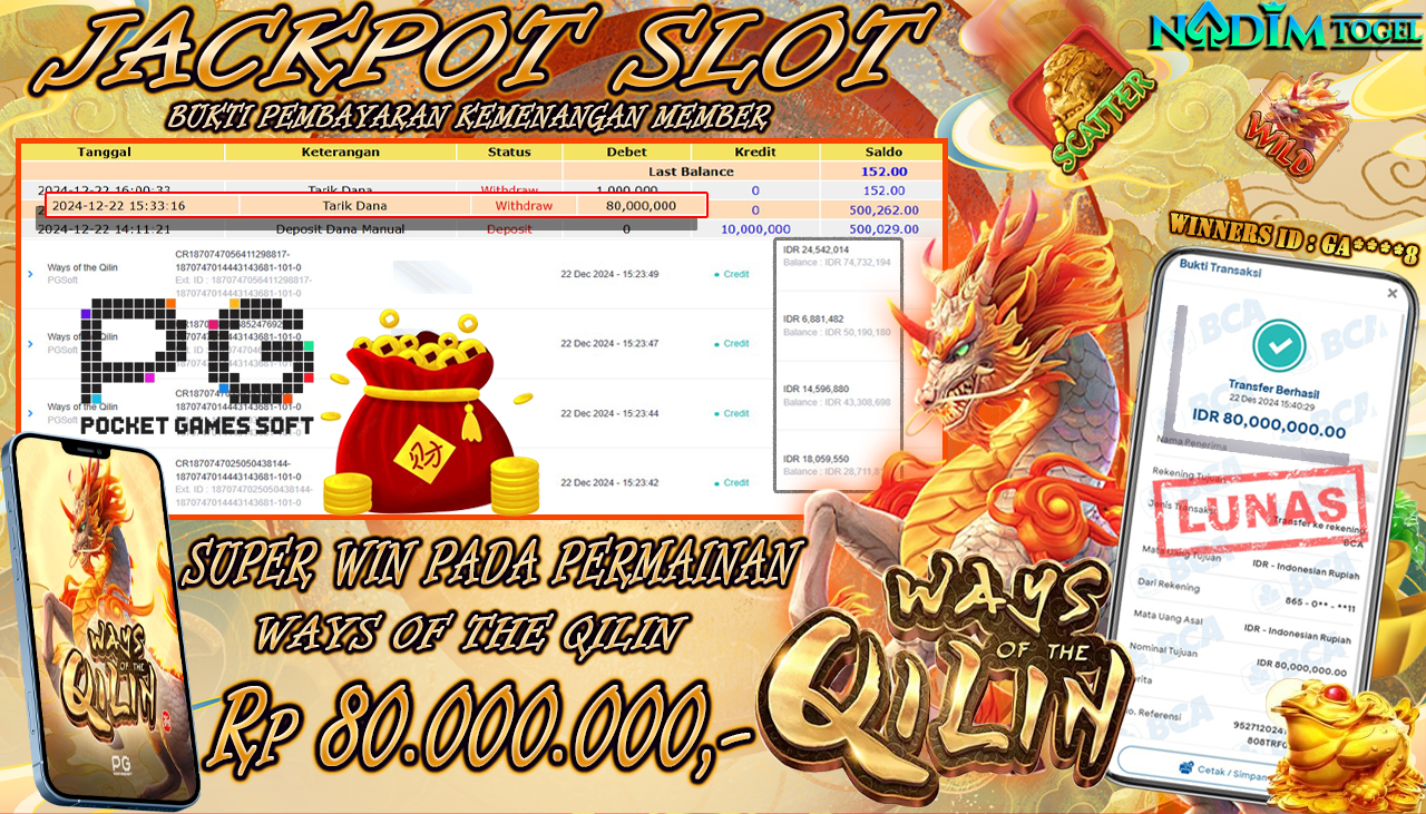 NADIMTOGEL JACKPOT SLOT WAYS OF THE QILIN Rp 80,000,000,- LUNAS