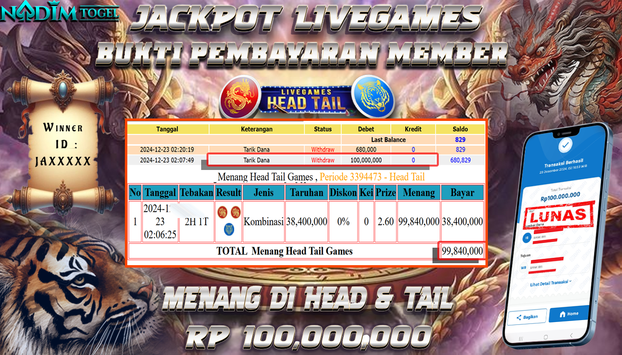 NADIMTOGEL JACKPOT LIVE GAMES HEAD TAIL Rp.100,000,000,- LUNAS