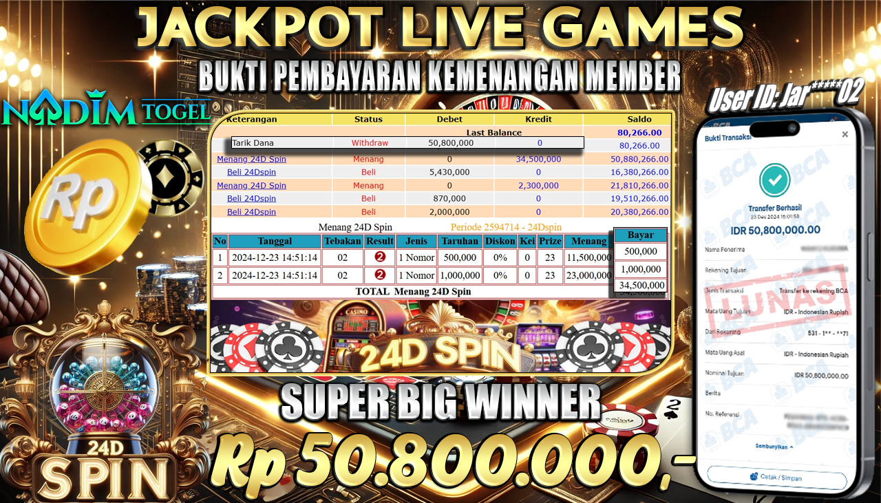 NADIMTOGEL JACKPOT LIVE GAMES 24D-SPIN Rp.50,800,000,- LUNAS
