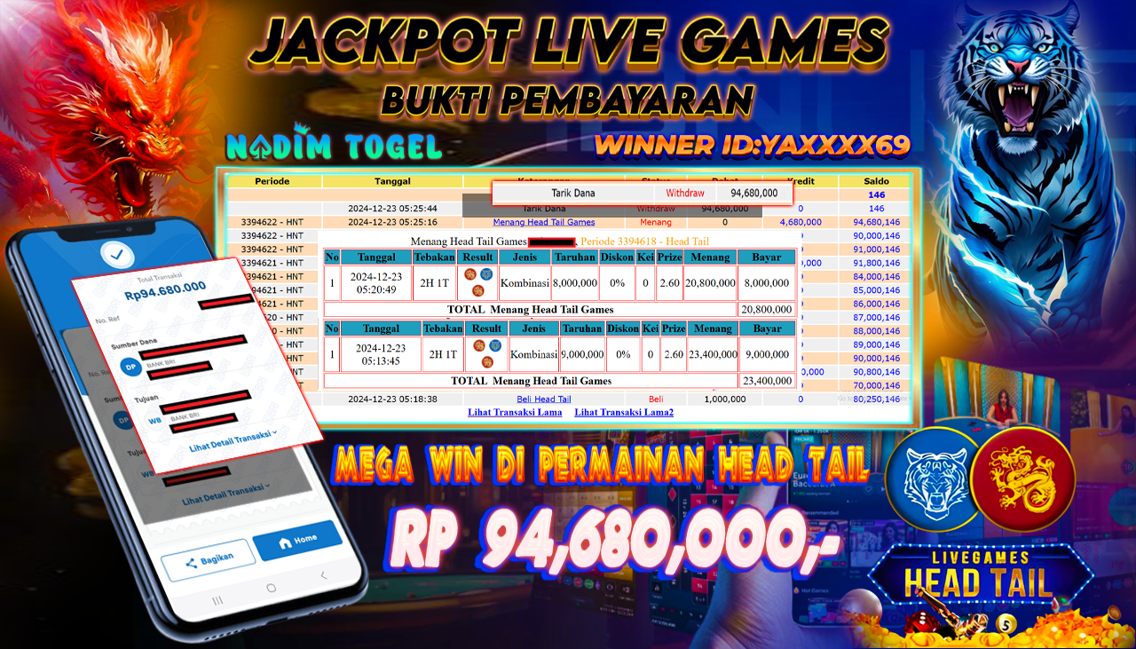 NADIMTOGEL JACKPOT LIVE GAMES HEAD TAIL Rp.94,680,000,- LUNAS