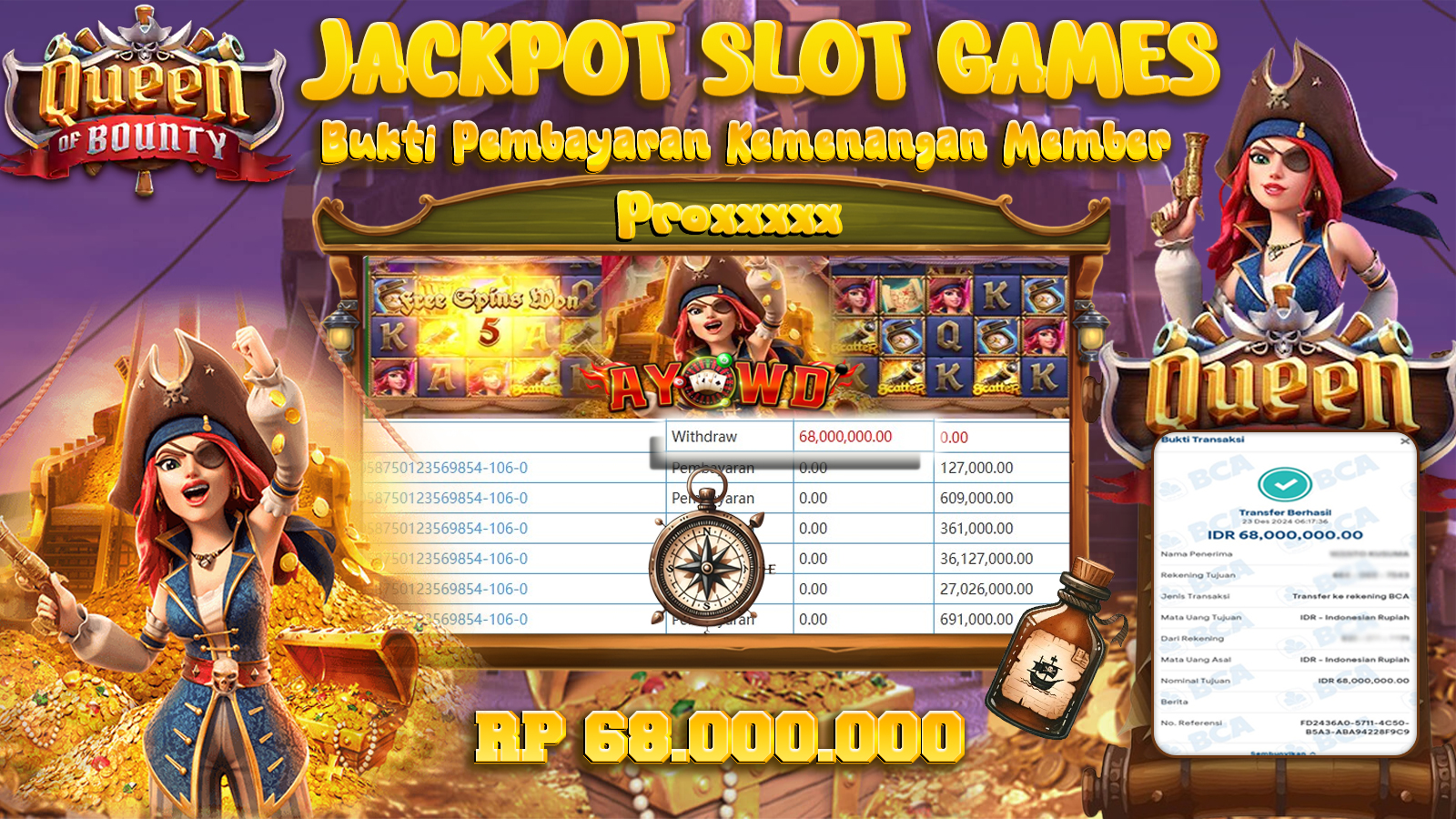 AYOWD JACKPOT SLOT GAMES PG-QUEEN OF BOUNTY Rp 68,000,000 LUNAS