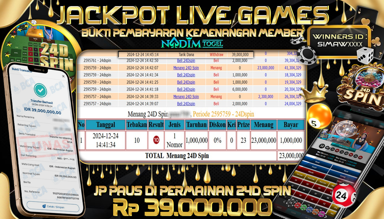 NADIMTOGEL JACKPOT LIVE GAMES 24D SPIN Rp 39.000.000,- LUNAS