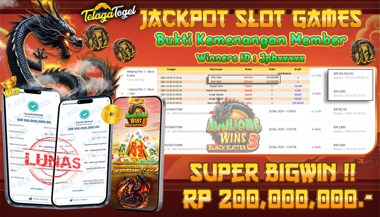 TELAGATOGEL JACKPOT SLOT MAHJONG WINS 3 - BLACK SCATTER Rp 200,000,000,- LUNAS