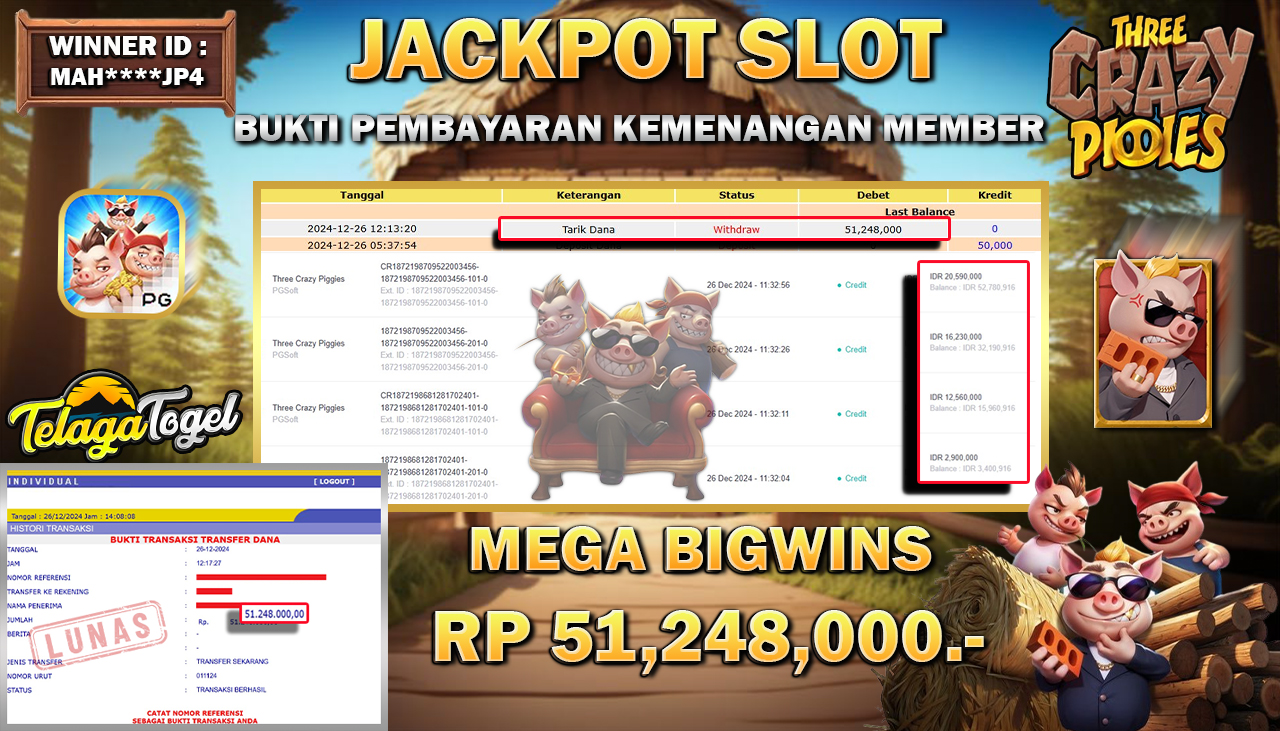 TELAGATOGEL JACKPOT SLOT THREE CRAZY PIGGIES Rp 51,248,000,- LUNAS