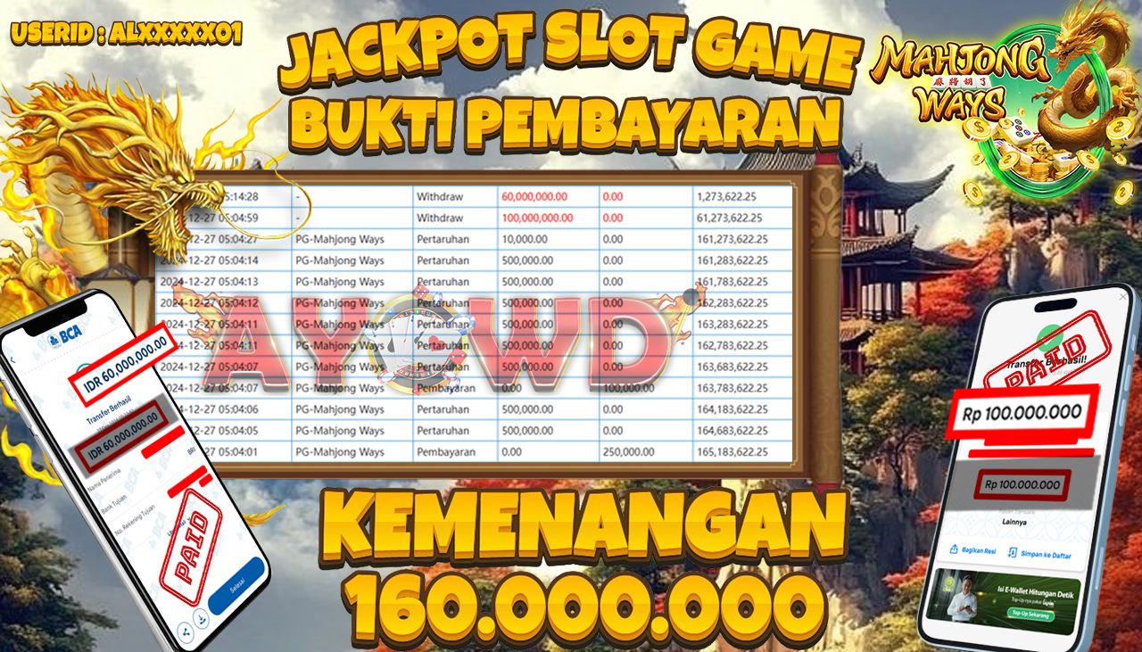 AYOWD JACKPOT SLOT GAMES PG-Mahjong Ways Rp 160.000.000 LUNAS